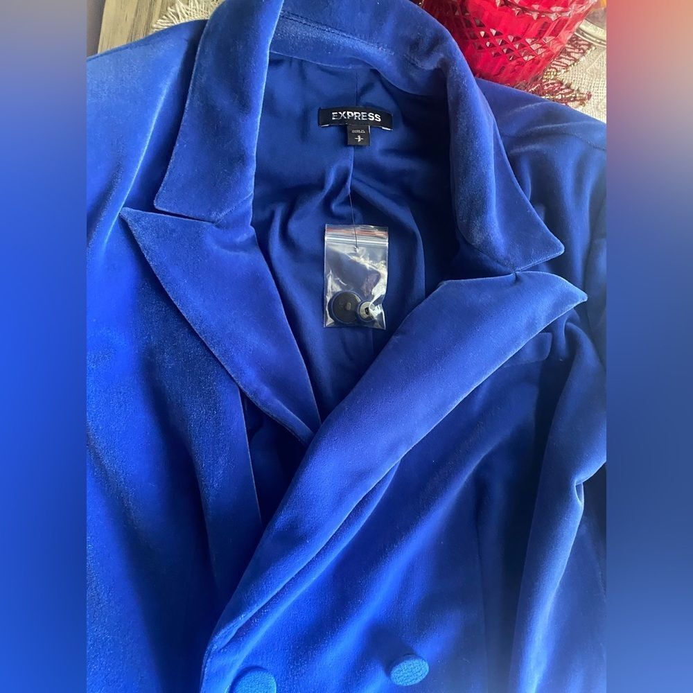 EXPRESS Blue Velvet Double Breasted Button Blazer Jacket Mini Dress Sz Small NEW - Picture 8 of 15